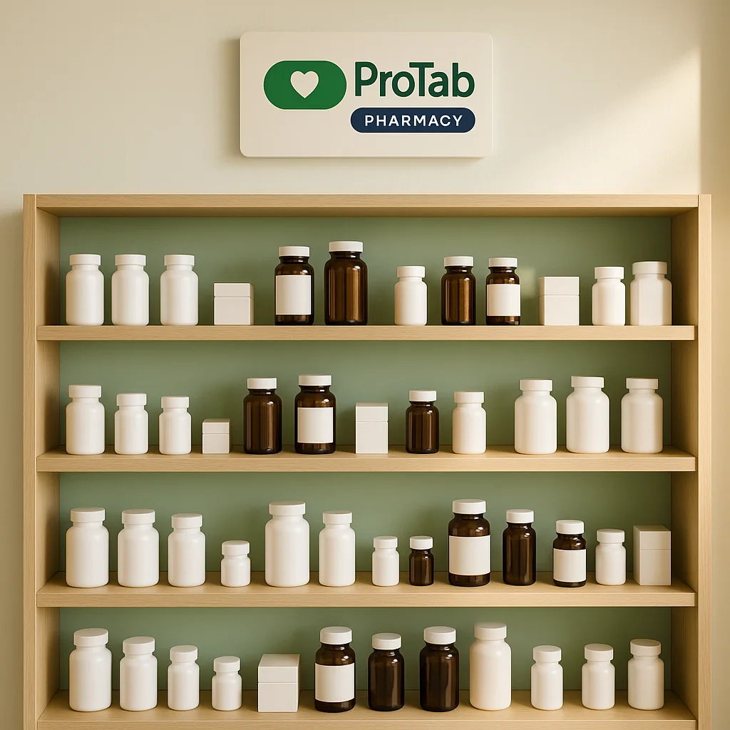 Bright shelves filled with medications and wellness items inside ProTab Pharmacy